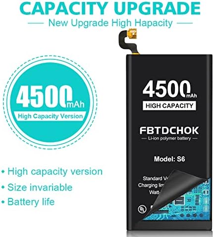 Модернизирана батерия на Galaxy S6, [4500] FBTDCHOK Литиево-полимерна взаимозаменяеми батерия за Samsung Galaxy S6 G920V, G920A,G920T, G920P, G920R4, G920F с пълен комплект за подмяна