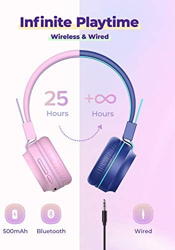 [2 Pack] iClever BTH03 Детски Безжични слушалки - Цветни Светлини Слушалки за Деца с микрофон, Регулатор на силата на звука Онлайн Обучение - Детски Слушалки на Ухото за Учили