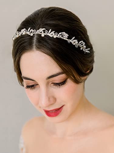 SWEETV Silver Bridal Headband Crystal Leaf Wedding Headpieces for Bride Hair Band Pearl Tiara Flower Girl Аксесоари За Коса