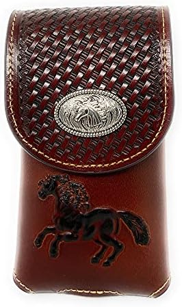 Western Cowboy Tooled Basketweave Leather Multi Emblem Concho Belt Loop Калъф за мобилен телефон в 2 цвята (утайка от кон)