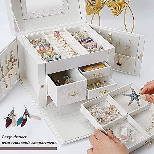 JHSJ Jewelry Container Jewellery Box, Кожен Органайзер За Бижута е с 4 Чекмеджета, Голямо Огледало, Запирающийся Калъф за съхранение на Пръстени, Обеци, Кутия за съхранение на Бижута