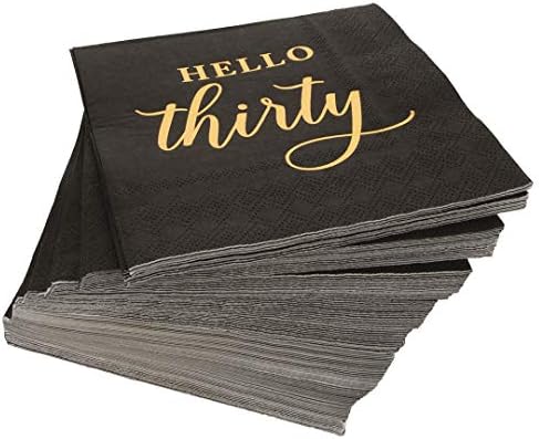Andaz Press Black with Gold Scripted Здравей Thirty Saying Cocktail Napkins, Bulk 100-Pack Count 3-Ply Disposable Забавни