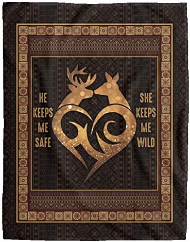 Дизайн Одеяла He Keeps Me Safe She Keeps Me Wild Couple Deer Premium Gift Family Страхотно On Birthday, Home Decor Нетъкан Blanket 60x80 White