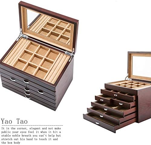 YUXO Кутия за съхранение на бижута Подарък за Жени Ковчег Дървена Витрина на Шест Пласта с Голям Капацитет с Огледало Кадифе Универсална Кутия за Съхранение на Пръст