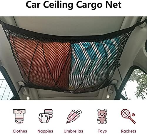 Kartisen Car Ceiling Cargo Net Storage, 31x23 Car Roof Mesh Organizer with Seat Hook, Double-Layer and Drawstring, Universal