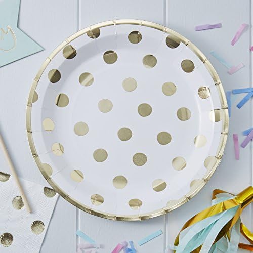 Ginger Ray Gold Foiled Polka Dot Paper Party Plates 8 Pack, Pick & Mix