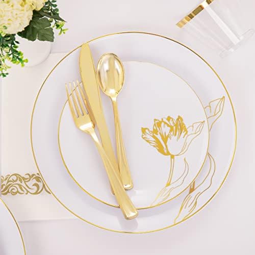 Nervure 175PCS White and Gold Plastic Plates - Цветя златни чинии за Еднократна употреба Предлагат 50Plates, 25Forks, 25Knives, 25Spoons, 25Cups, 25Napkins - идеален за сватби и партита