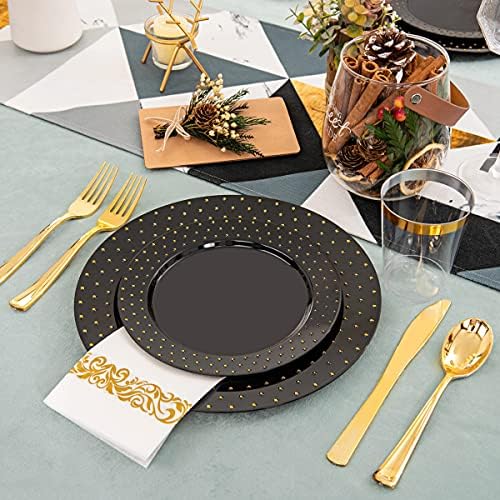 Liacere 175PCS Black Plastic Plates & Gold Plastic Silverware - Златни Пластмасови чинии включват 25Dinner Plates, 25Dessert Plates, 25Knives, 25Forks, 25Spoons, 25Cups, 25Napkins идеални за партита и сватби