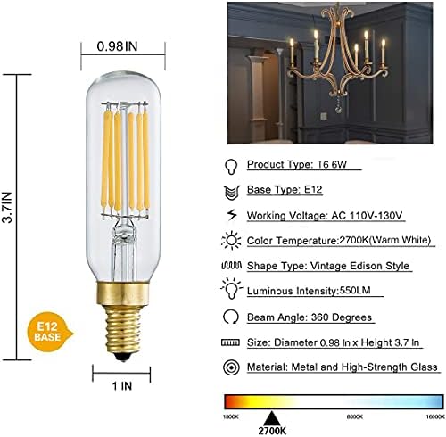 Dimmable T6 Vintage LED Light Bulbs Warm White 2700K,6W Equal 60 watt Light Bulb , E12 Base Candelabra Bulb for Candles,Pendant,Wall