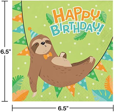 Creative Converting Sloth Party Happy Birthday Салфетки, 16 ct, Многоцветни, 6.5