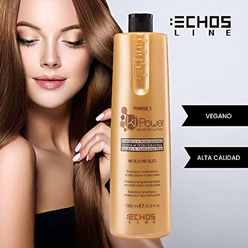Echosline Ki-Hair Power Reconstruction Phase 1 Keratin Shampoo (Sulfate Free) 1000 Ml На 1 L - Free Starry Plumping Lip Gloss 10ml