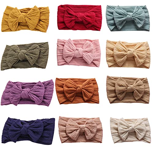 Cinaci 12 Pack Solid Super Stretchy Print Nylon Headbands Hairbands with Bow Hair Accessories for Baby Girls Newborns