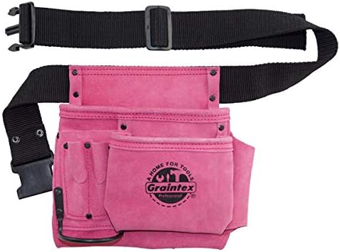 GRAINTEX SS2081 5 Pocket Nail & Tool Pouch Pink Color Suede Leather with 2 Ципи Belt for Constructors, Electricians, Plumbers,