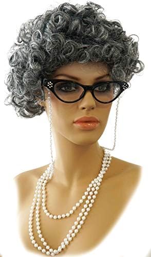 Vibe Old Lady перука Costume Set, Сива Коса Баба Перука с перлата на огърлица, слънчеви очила, аксесоари за стъклени верига,