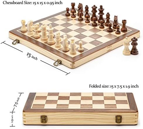A&A 15 Магнитен Дървен Шах комплект /Сгъваема дъска / 3 Кралят на Височина Немски Рицар Стаунтон фигури / Орех и Клен Инкрустиран /2 Допълнителни Кралица /Игри на Шахмат?