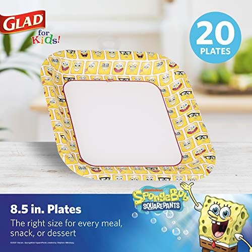 Glad for Kids Spongebob Squarepants Paper Plates, 20 Count, 8.5 Inches-Жълти Квадратни Чинии Спонджбоб за Деца-Тежки за
