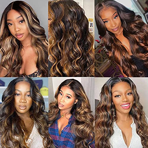 Haha Highlight Перука Body Wave T part Lace Front Перука Human Hair Ombre Brown Highlight 13x4x1 Lace Front Перука Pre-Plucked
