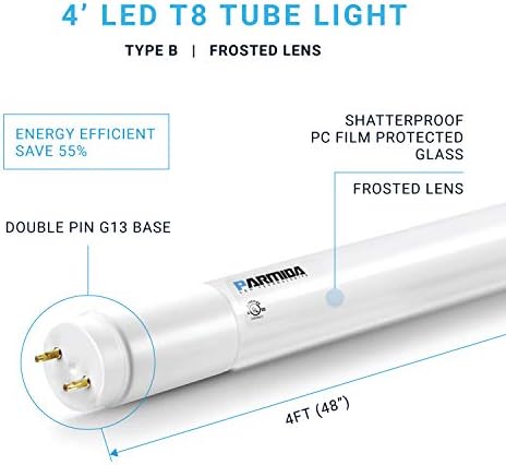 PARMIDA 20-Pack 4FT LED Т8 Ballast Bypass Type B Light Tube, 18W, UL-Listed for Single-Ended & Dual-Ended Connection,