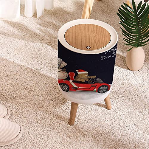 Малък боклук с Капак Cat Santa Drives red car in Wood Round Recycle Bin Press Top Dog Proof Wastebasket for Kitchen Bedroom