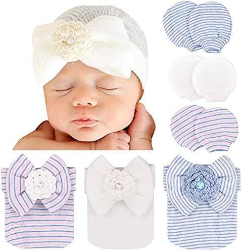 DRESHOW BQUBO Newborn Hospital Шапка Бебе Baby Hat Cap with Big Bow Soft Сладко Knot Nursery Beanie