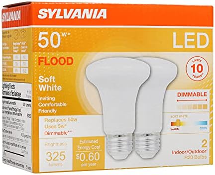 SYLVANIA LED Flood R20 Light Bulb, 50W=5W, 10 Year, 325 Lumens, E26 Medium Base, Dimmable, 2700K, Soft White - 2 Pack