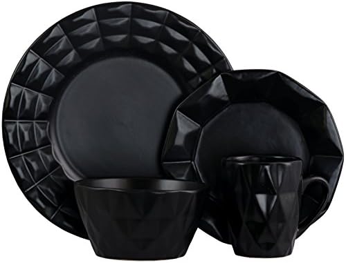 Elama Геометричен Glazed Stoneware Diamond Cut Style Dinnerware Dish Set, 16 Бр, Черен