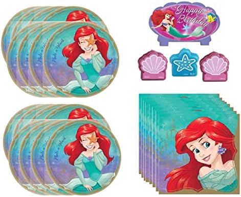 Disney Ariel The Little Mermaid Party Доставки Bundle Pack for 16 включва Чинии, Салфетки, Свещ за Рожден Ден