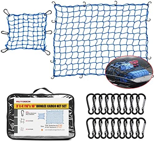 AUTOGEN Cargo Net for Pickup Truck Bed Set 3' x 4' Stretches to 6 x 8', Heavy-Duty Small Motorcycle Bungee Cargo Net 16x 16 Natural Latex with 18 Steel Carabiners for Cars, Trailer, спорт ютилити превозно средство, Motorcycle