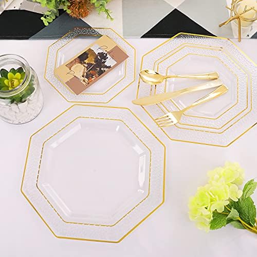 DaYammi 30Guest Gold Clear Plastic Plates & Gold Plastic Silverware & Gold Plastic Cups, 30Guest Gold прибори за Еднократна