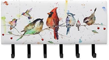 Key Holder Christmas Red Birds On Branch Watercolor White Leather Key Hanger with 6 Hooks,Decorative Key Rack for Wall,Key