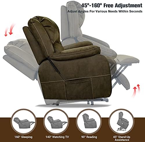 Подемни стол, Отвличане на стол за възрастни хора, Мек текстилен дизайн със странични джобове и USB портове, поддържа до 360 кг (кафяв)