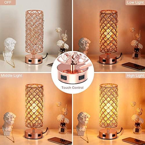 Кристален настолна лампа, Хонг-in Rose Gold Lamp with USB Ports, 3 Way Dimmable Light with Crystal Lampshade, Нощна Лампа