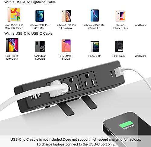 Настолна Струбцина Power Strip с USB, Мрежов филтър Power Charging Station Outlet with 3 Plugs 3 USB A 1 C USB PD 18W Fast Charging Outlets, Десктоп Определяне на Multi-Outlets for Home Office Garage Workshop