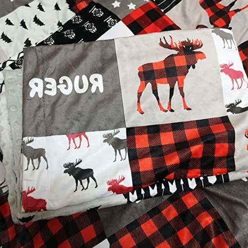 Персонални Детско Името на Woodland Deer Moose Adventure Одеяло за Детски Легла или Легло Дете | Buffalo Red Plaid Изкуствена