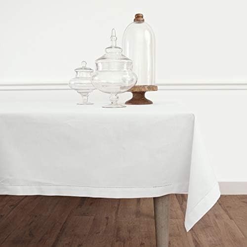 Solino Home Hemstitch Памучен Бельо Покривка – 58 x 120 инча, Естествени тъкани Машинно Пране - Бяла Покривка за вътрешна