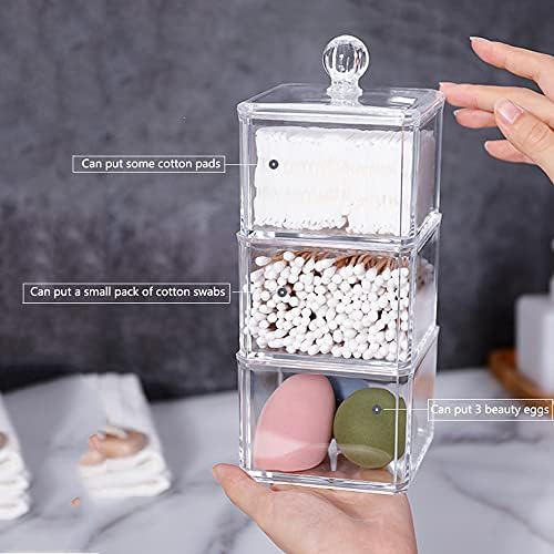 BOOJING 3 Пакети Stackable Vanity Organizers and Storage Square Cotton Swab Dispenser ,with Lid Clear Bathroom Canister