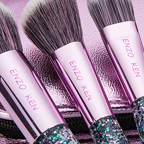 ENZO KEN Bedazzled Glitter Makeup Brush Set Purple, Bling Сладко Crystal Brushes Sets with Portable Travel Bag for Face