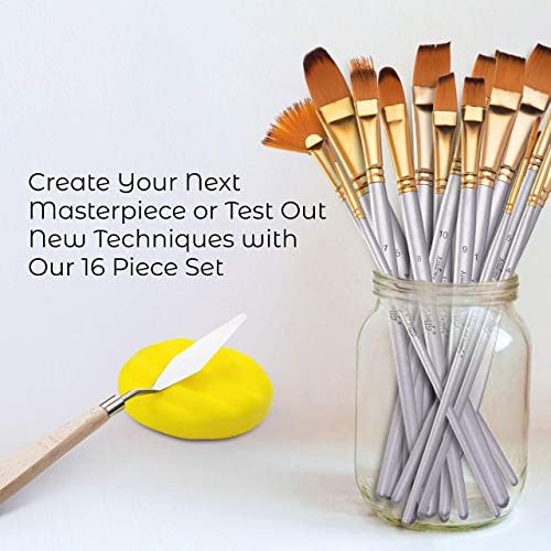 Art Academy Supply 16 Piece Paintbrush Set 15 Different Shapes & 1 Flat Brush, with Bonus Palette Knife, Art Sponge, and