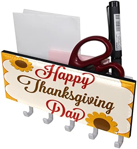 Happy Thanksgiving Day Sunflower Key and Mail Holder for Walls - Закачалка за Ключове с Пощенски Организатора и 5 Куки,