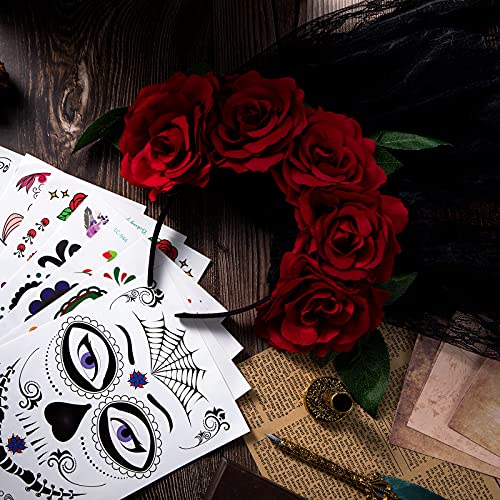 Ден на Мъртвите Прическа Роза Цвете Короната на Завесата и 8 Листа Хелоуин Череп Цветен Временни Татуировки на Лицето Етикети за Жени, Момичета Партита