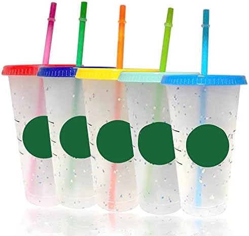 Flwraft 5Pcs 710ML Слама чаша с Логото на с капак за Многократна употреба чаша Промяна на цвят Пластмасова чаша Кафе, чаша Пластмасова чаша с Матово покритие Чаша(A (5pcs))