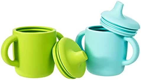 Silikong Silicone No Spill Sippy Cups For Toddlers and Babies | Миялна машина и Микровълнова печка | 2 опаковки (зелен/син)