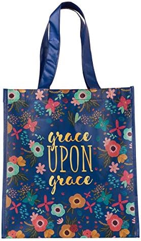 Christian Art Gifts Reusable Shopping Tote Bag | Grace Upon Grace Retro Floral | Вдъхновяваща Здрава Синя Чанта за Пазаруване,