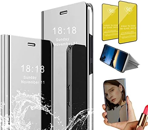 Jtailhne Съвместим за Случая на Huawei Nova 2 Lite, Гальванизирует Огледалото Грим Просвечивающее Smart Clear View Flip Case Stand Full Body Protective Cover Gray+2 Screen Protector