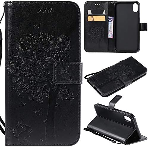 iPhone Xs Max Case,iPhone Xs Max Портфейла Case,iPhone Xs Max ПУ Кожен Защитен Калъф Emboss Cat and Tree Folio with Magnetic Card Holder Kickstand and Flip Case for iPhone Xs Max 6.5-Инчов Black