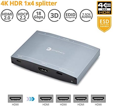 gofanco пророчеството на играта 4K 1x4 дървен материал 2.0 HDMI Splitter – 4K @60Hz YUV 4:4:4, HDR, 3D, HDCP 2.2/1.4, EDID, 18 Gbit / с, защита от ESD, 4-лентов порт 1 in 4 Out, TAA съвместим (PRO-HD20split4P)