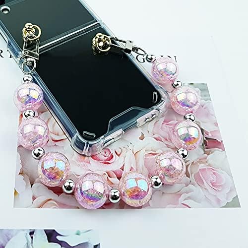 Qoosan Bling Beads Каишка за китката Прозрачен Капак за Samsung Galaxy Z Flip Case 3 5G (2021) за жени, Iced Pink