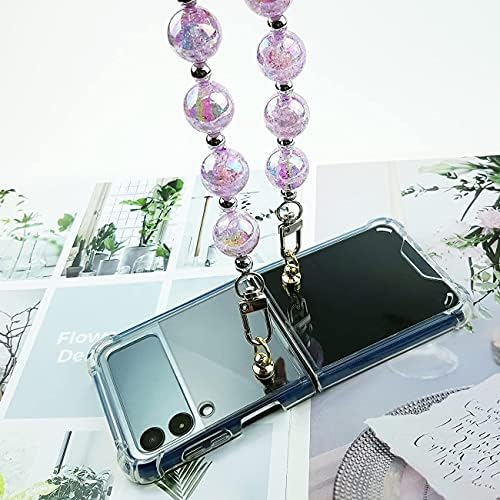 Qoosan Bling Beads Каишка за китката Прозрачен Капак за Samsung Galaxy Z Flip Case 3 5G (2021) за жени, Iced Purple
