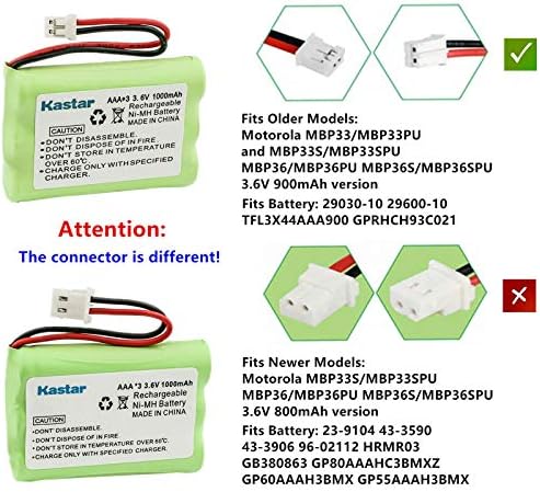 Kastar 6-Pack Ni-MH Батерия 3,6 V 1000mAh Замяна за Motorola Дигитален Видео Бебе Монитор MBP36S-3, MBP36S-4, MBP36SPU, MBP41, MBP41/2, MBP41/3, MBP41/4, MBP41PU, MBP43, MBP43/2, MBP43/3, MBP43/4