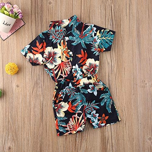 Комплект летни шорти за малки момчета с цветен модел, риза с копчета, Топ, къси Панталони-бермуди, Хавайски облекло, 2